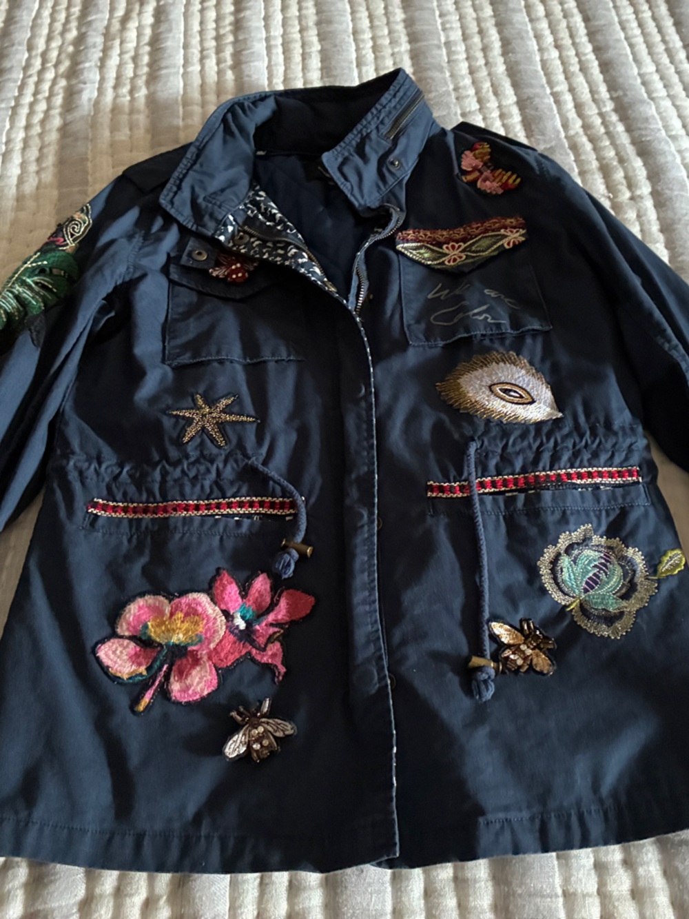 Desigual Navy Embroidered Floral Utility Jacket with Appliqués